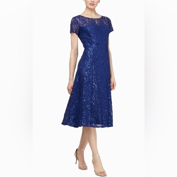 SLNY Blue Lace Sequined Midi Dress - Picture 1 of 6